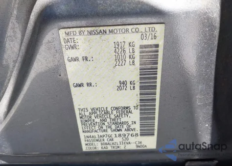 2016 Nissan Altima 2.5 Sr from USA, damaged, VIN 1N4AL3AP7GC189768